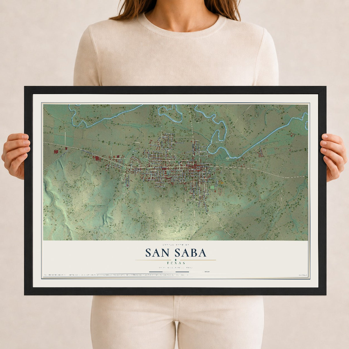 Map of San Saba, Texas, 12 x 18 inch print in a black wood frame