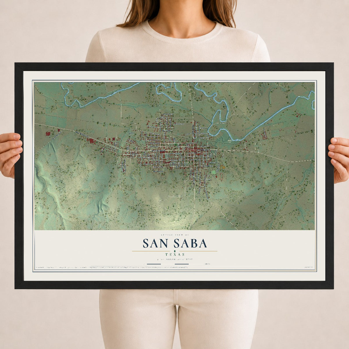Map of San Saba, Texas, 18 x 24 inch print in a black wood frame