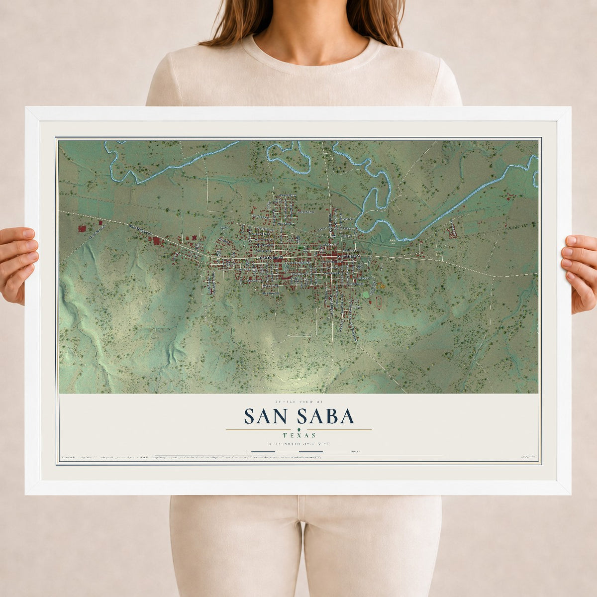 Map of San Saba, Texas, 18 x 24 inch print in a white wood frame