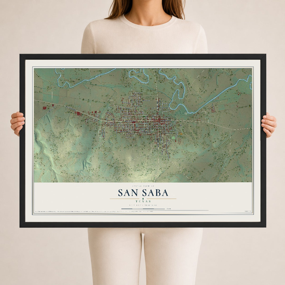 Map of San Saba, Texas, 24 x 36 inch print in a black wood frame