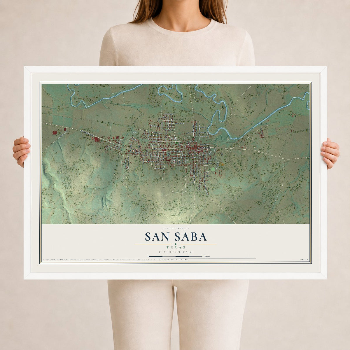Map of San Saba, Texas, 24 x 36 inch print in a white wood frame