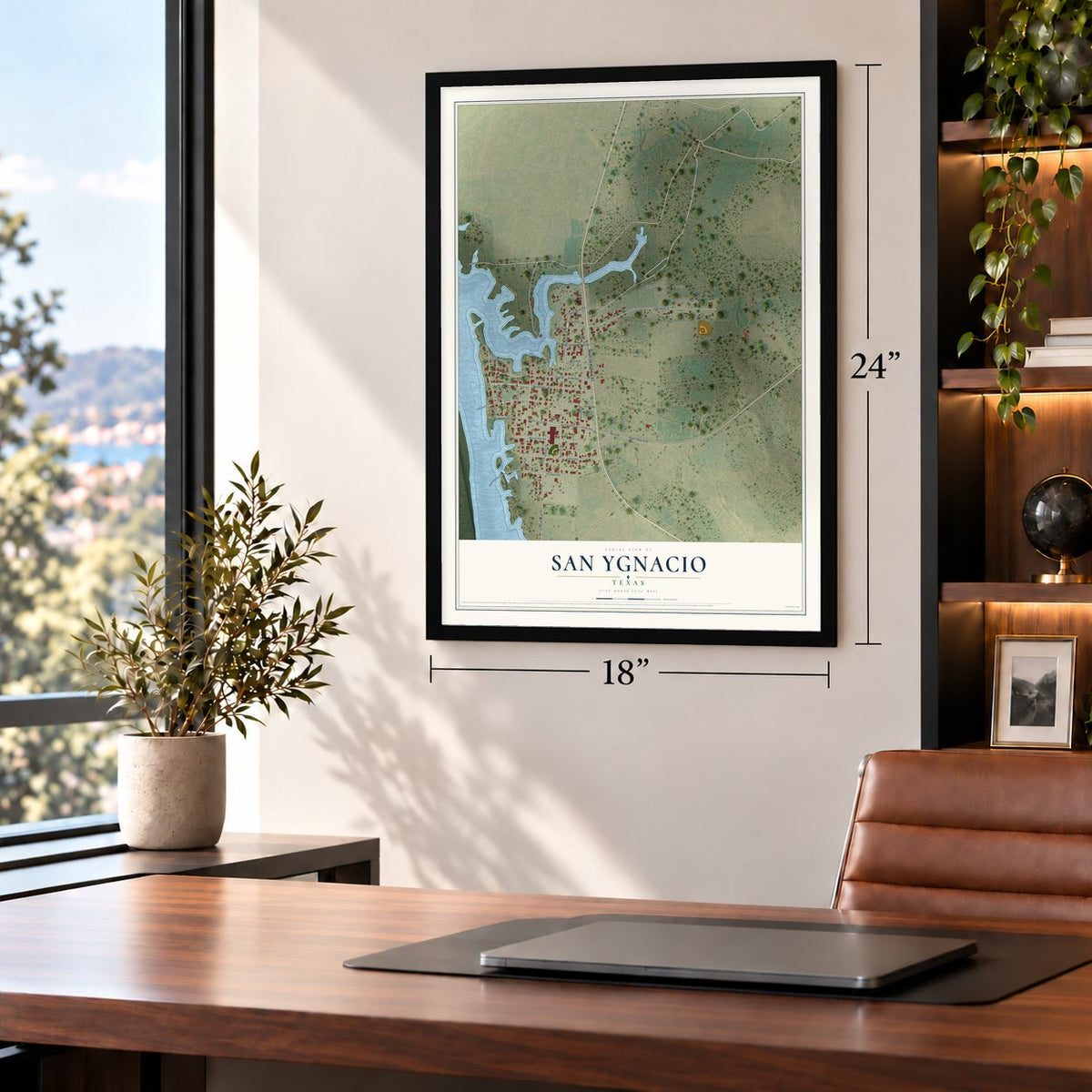 San Ygnacio, Texas map, 18 x 24 inch print in a black frame in a home office