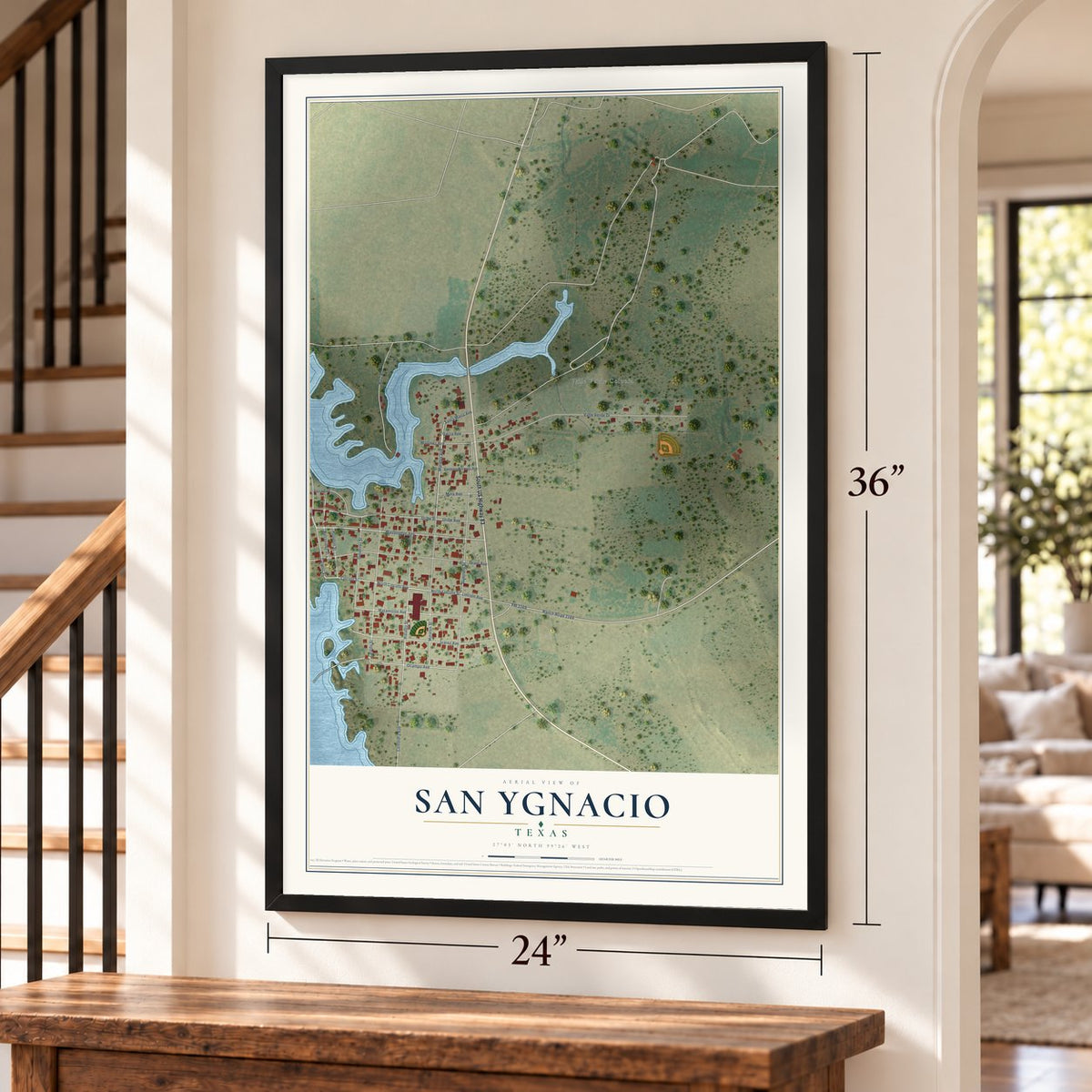 San Ygnacio, Texas map, 24 x 36 inch print in a black frame by a staircase