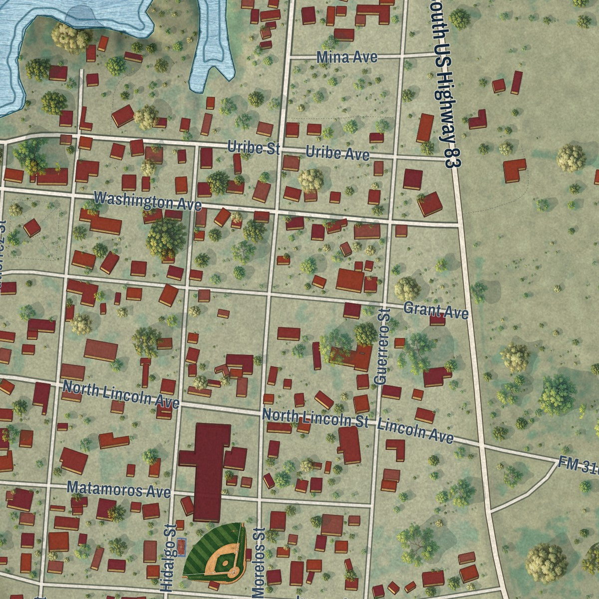 Close-up of the map of San Ygnacio, Texas print showing street and building detail