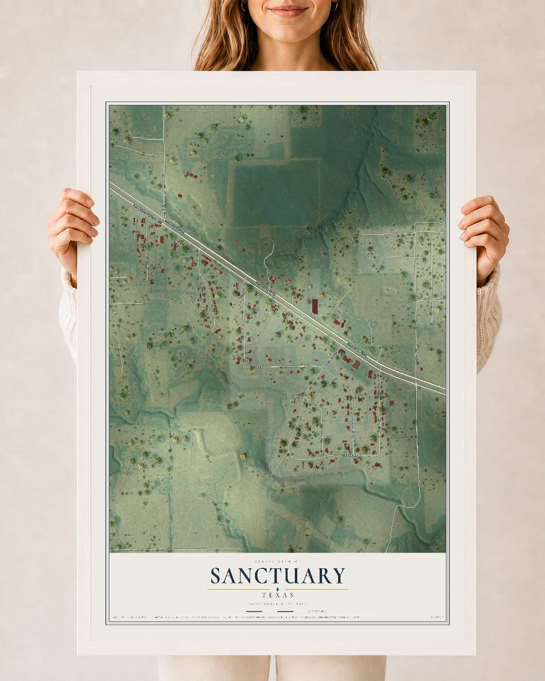 Map of Sanctuary, Texas, 24 x 36 inch print in a white wood frame