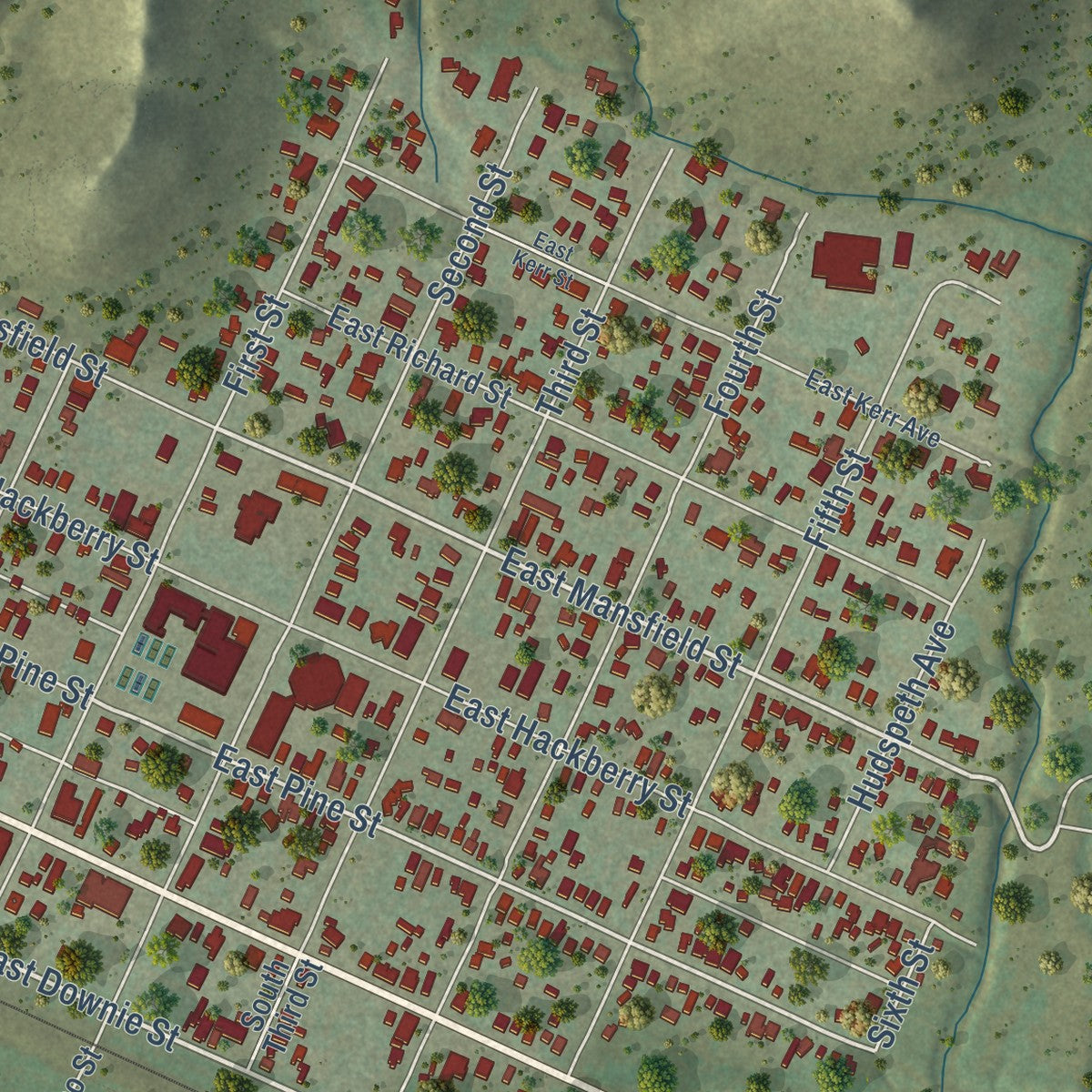 Close-up of the map of Sanderson, Texas print showing street and building detail