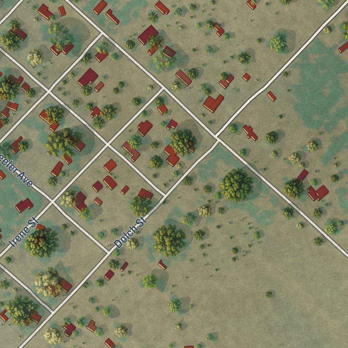 Close-up of the map of Sandia, Texas print showing street and building detail