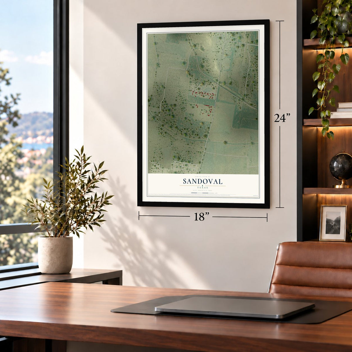 Sandoval, Texas map, 18 x 24 inch print in a black frame in a home office