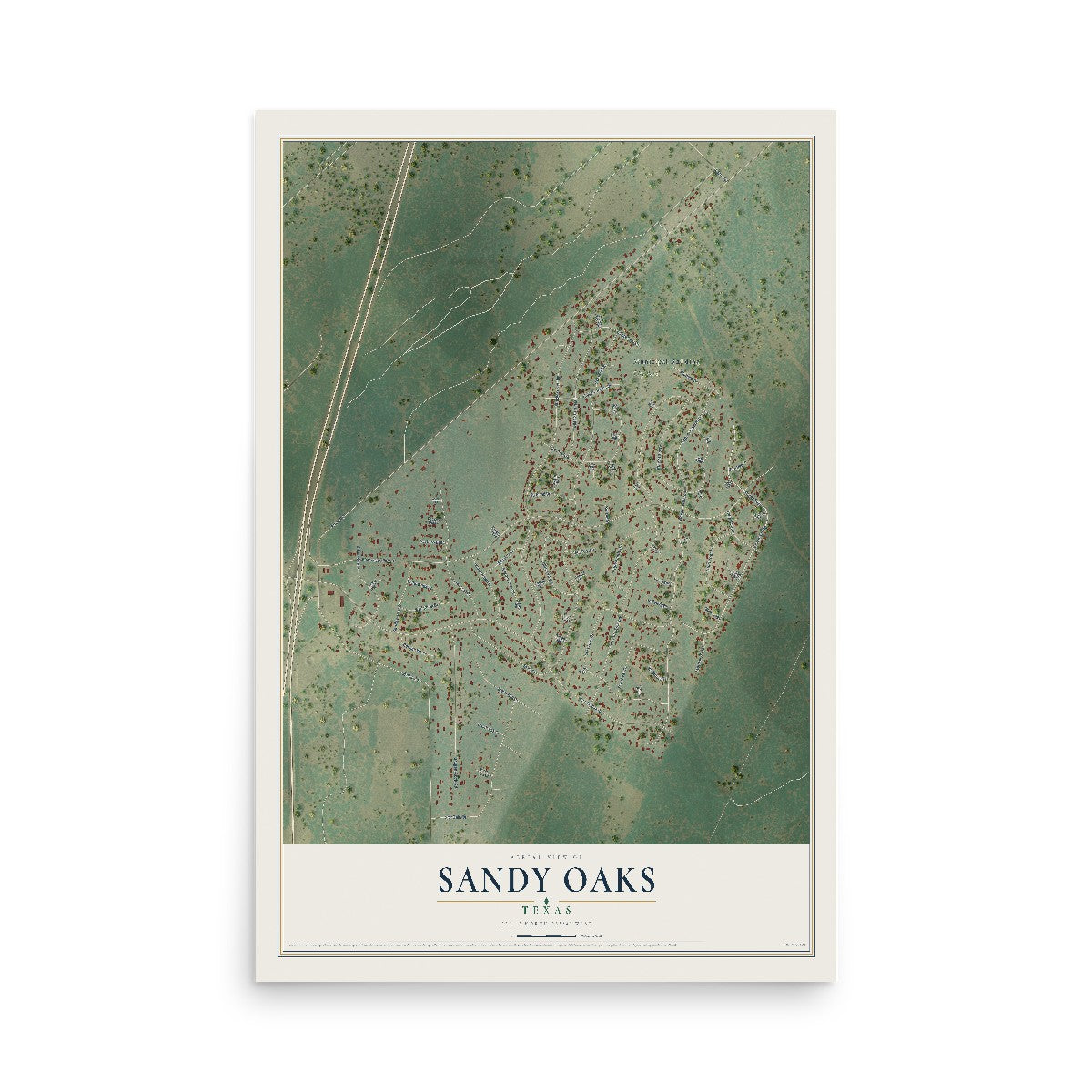 Map of Sandy Oaks, Texas, 12 x 18 inch unframed archival matte print