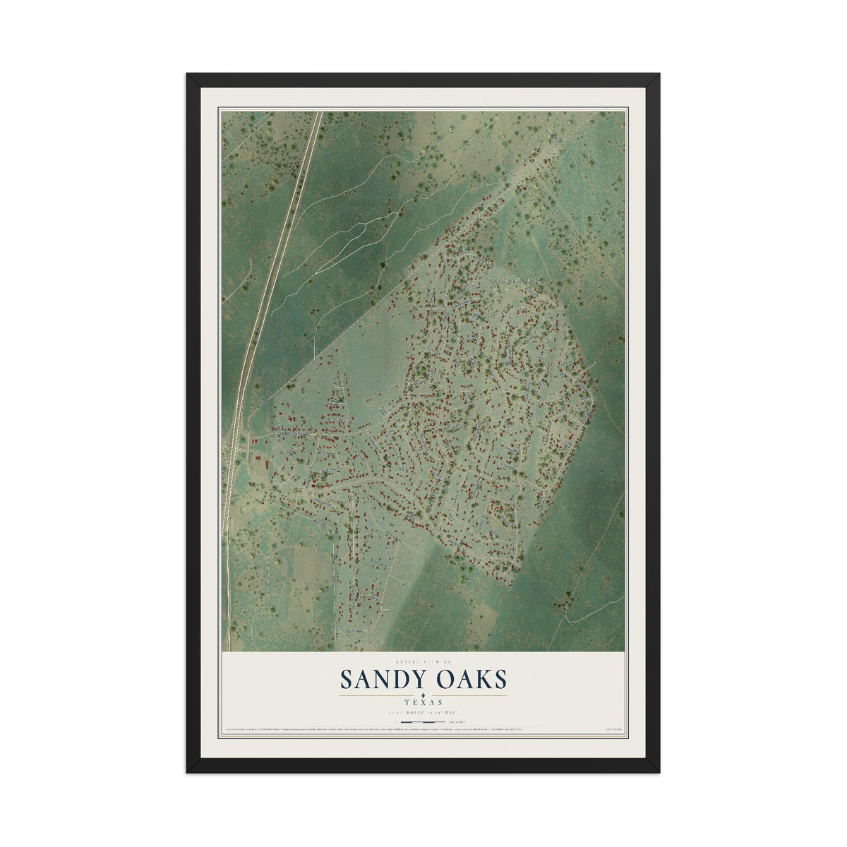 Map of Sandy Oaks, Texas, 12 x 18 inch print in a black wood frame
