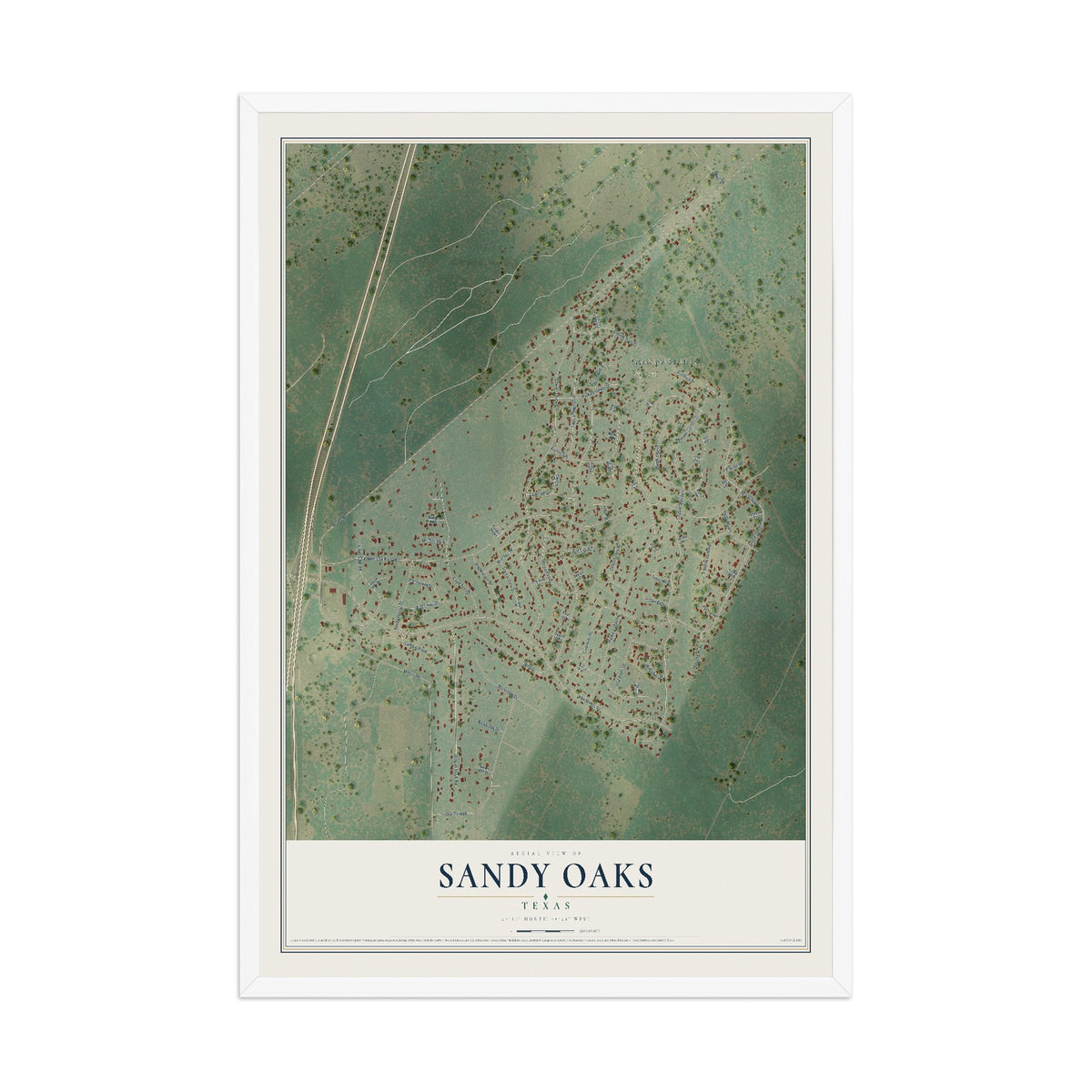 Map of Sandy Oaks, Texas, 12 x 18 inch print in a white wood frame