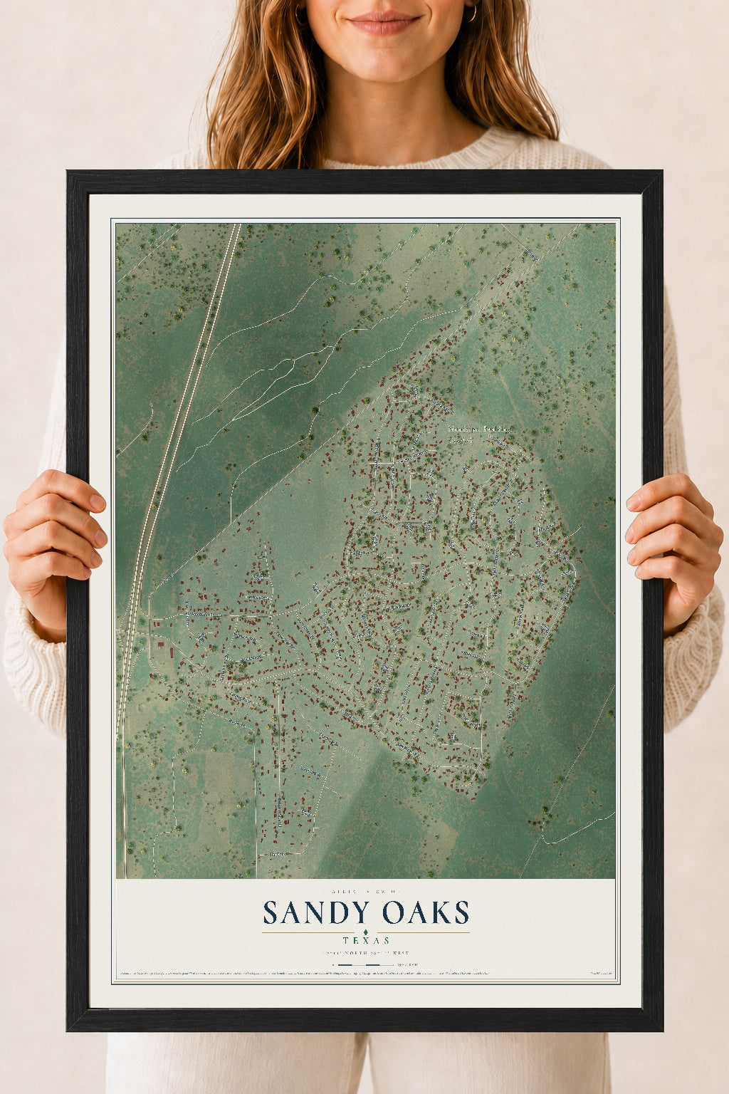 Map of Sandy Oaks, Texas, 18 x 24 inch print in a black wood frame
