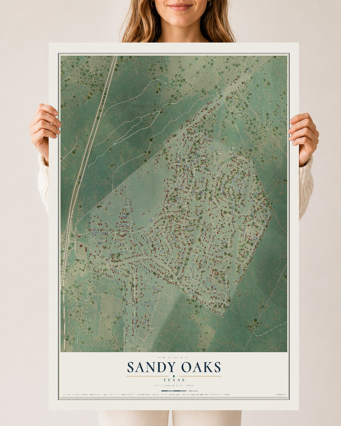 Map of Sandy Oaks, Texas, 24 x 36 inch unframed archival matte print