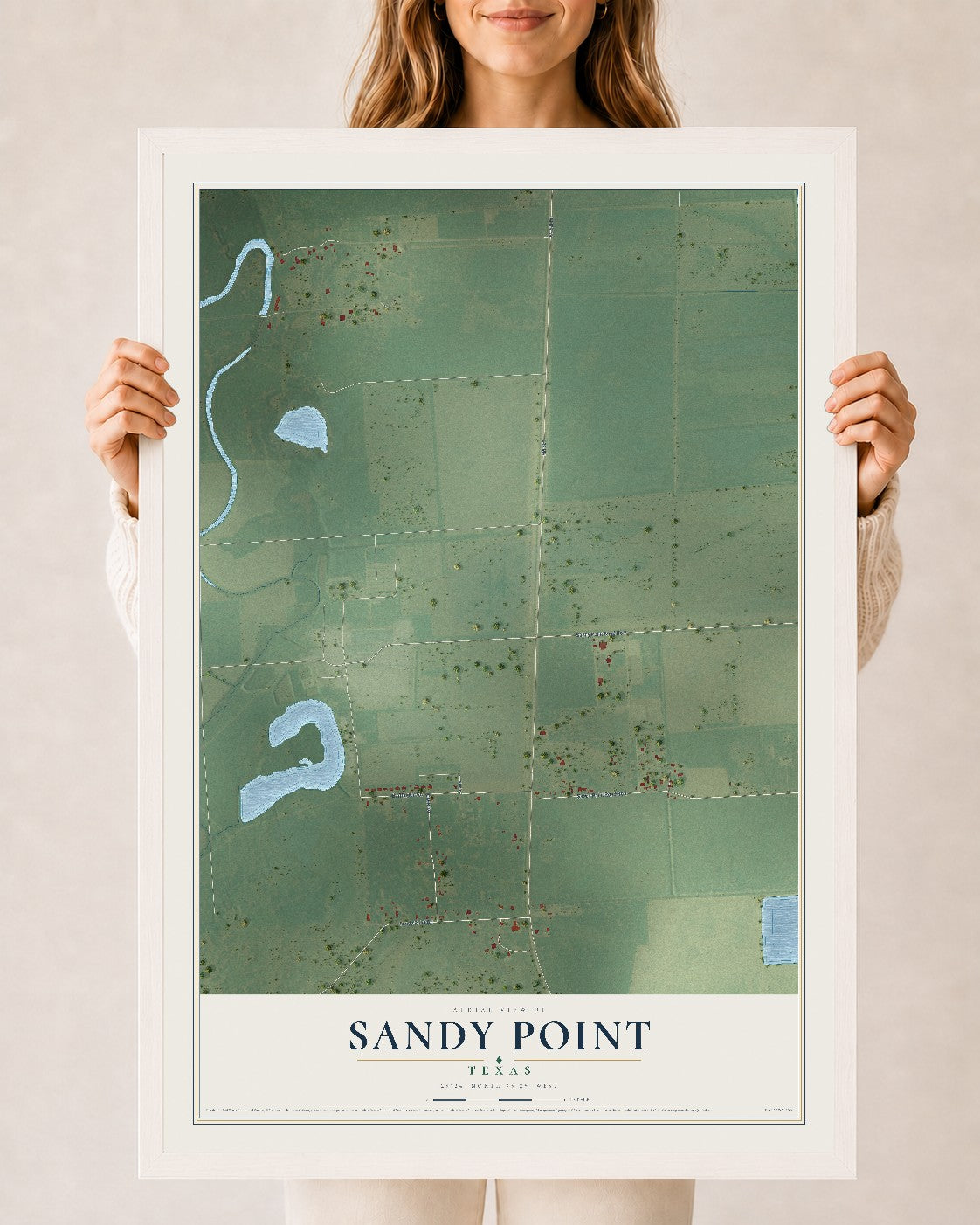 Map of Sandy Point, Texas, 24 x 36 inch print in a white wood frame