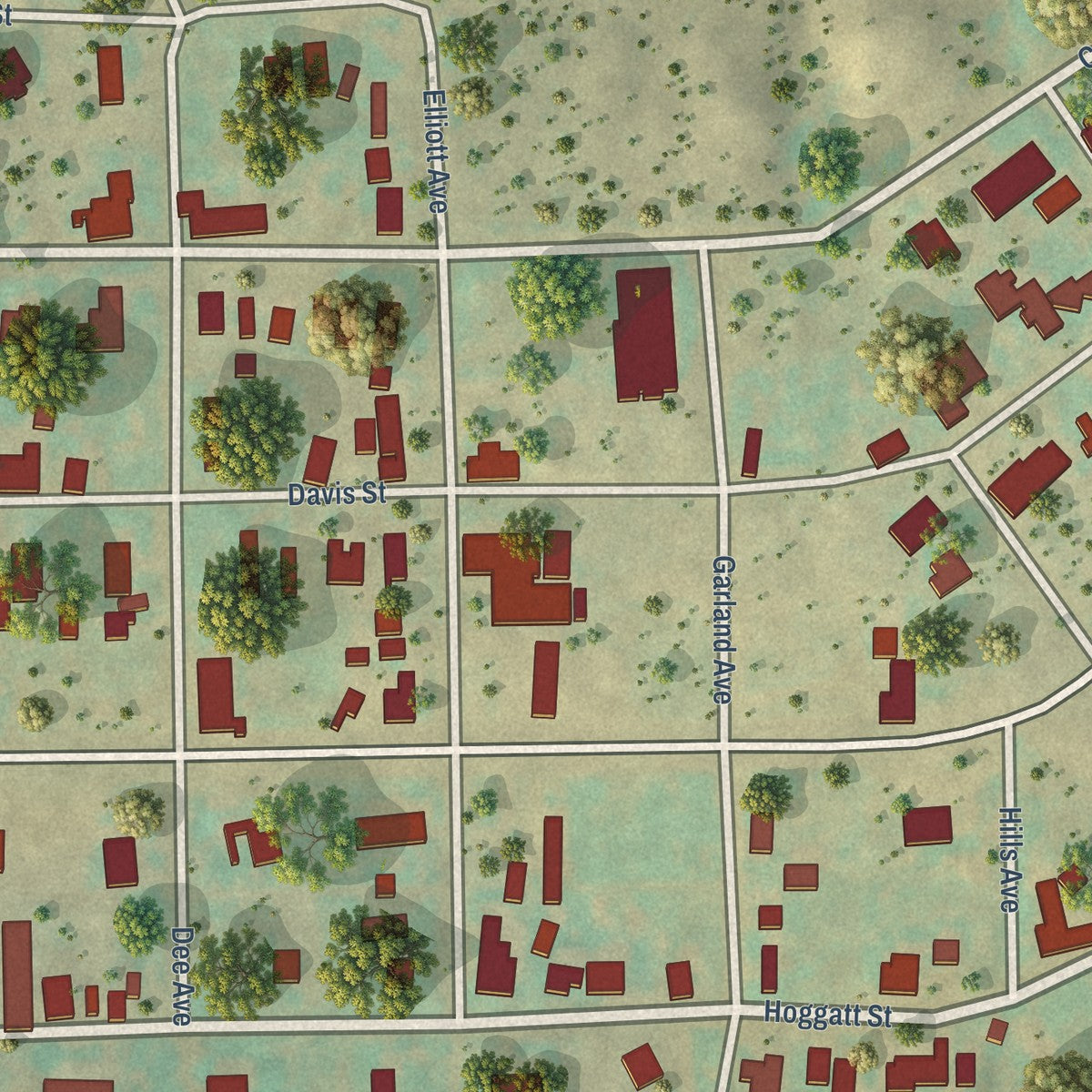 Close-up of the map of Sanford, Texas print showing street and building detail