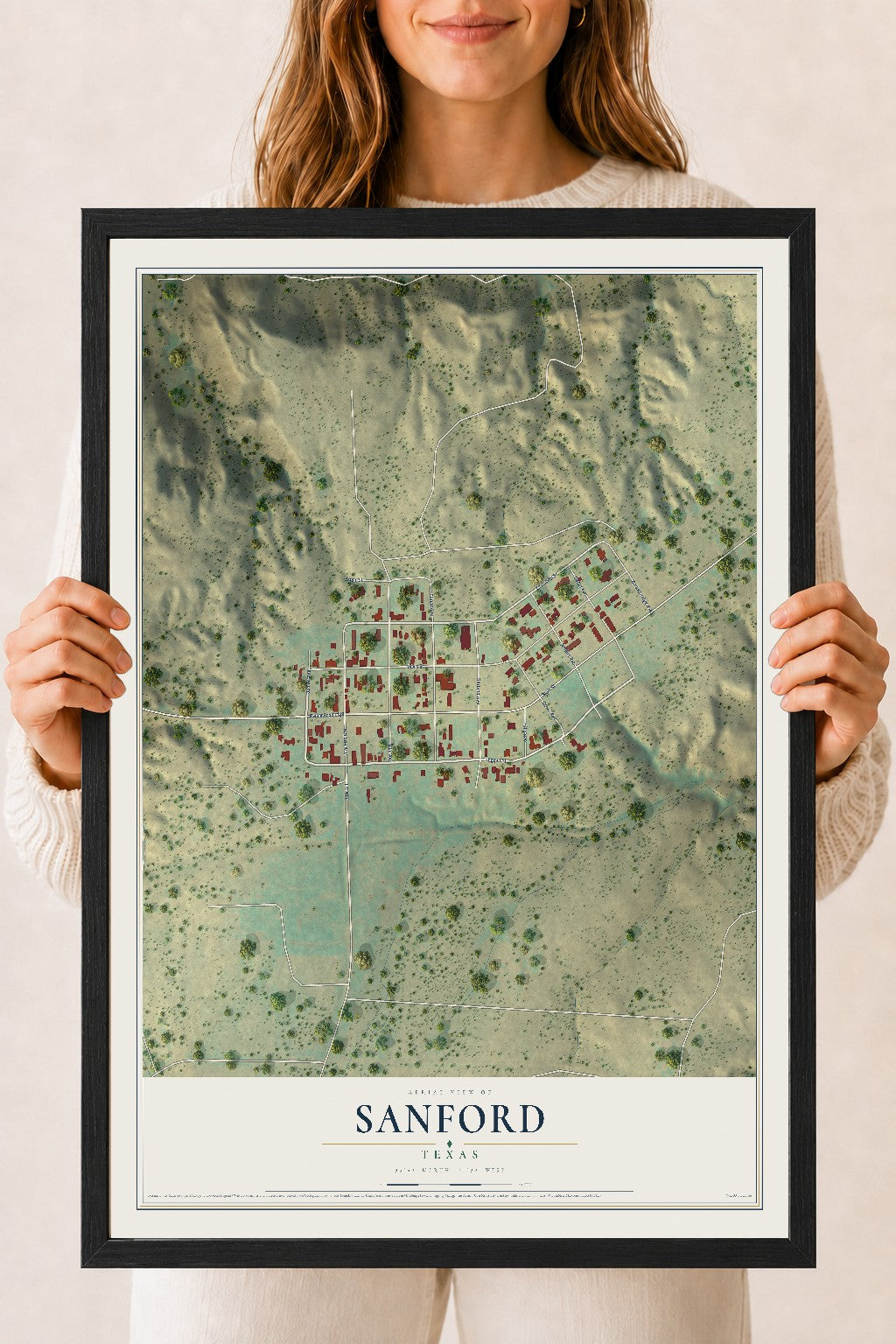 Map of Sanford, Texas, 18 x 24 inch print in a black wood frame
