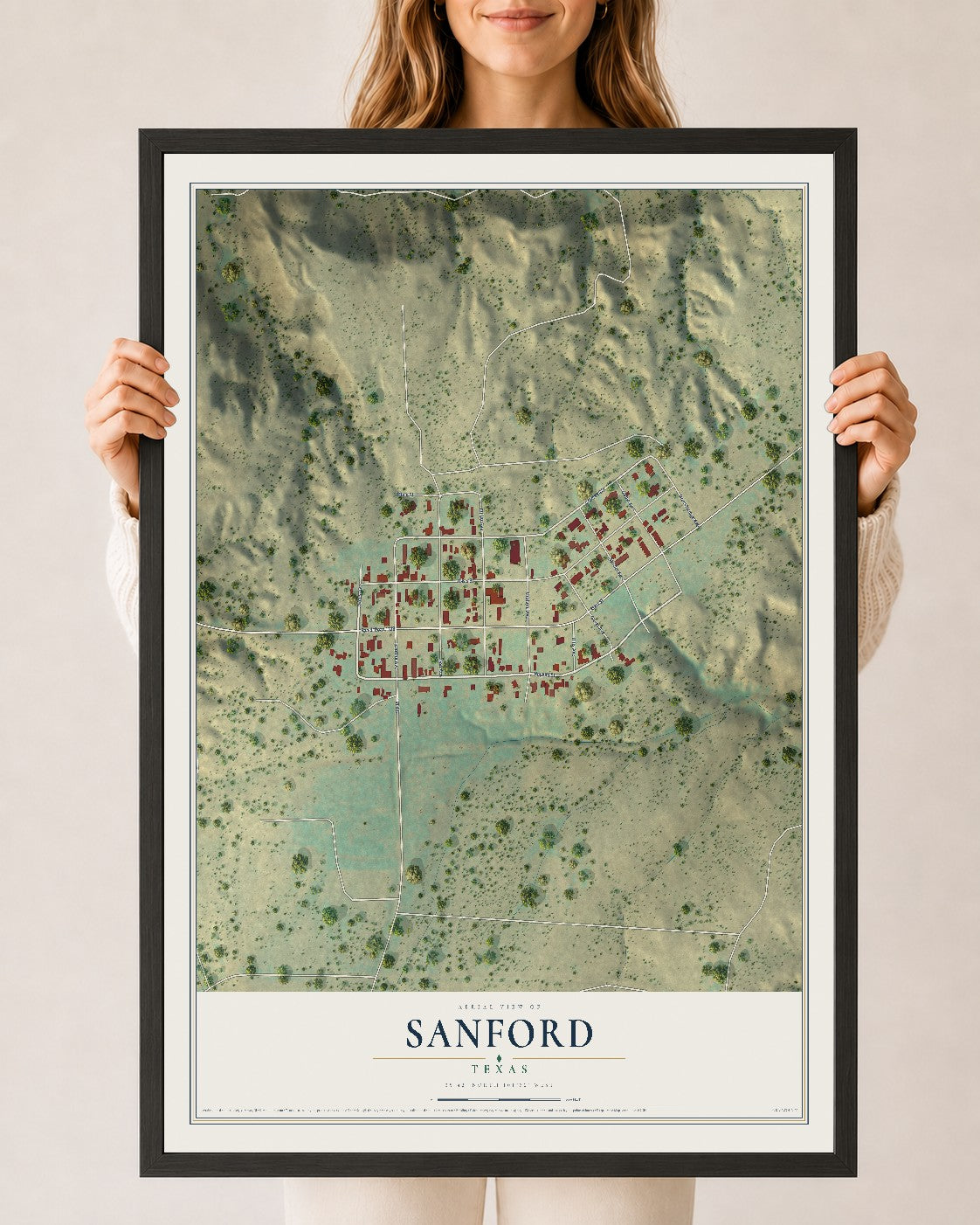 Map of Sanford, Texas, 24 x 36 inch print in a black wood frame