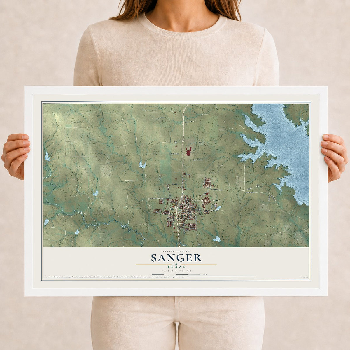 Map of Sanger, Texas, 12 x 18 inch print in a white wood frame
