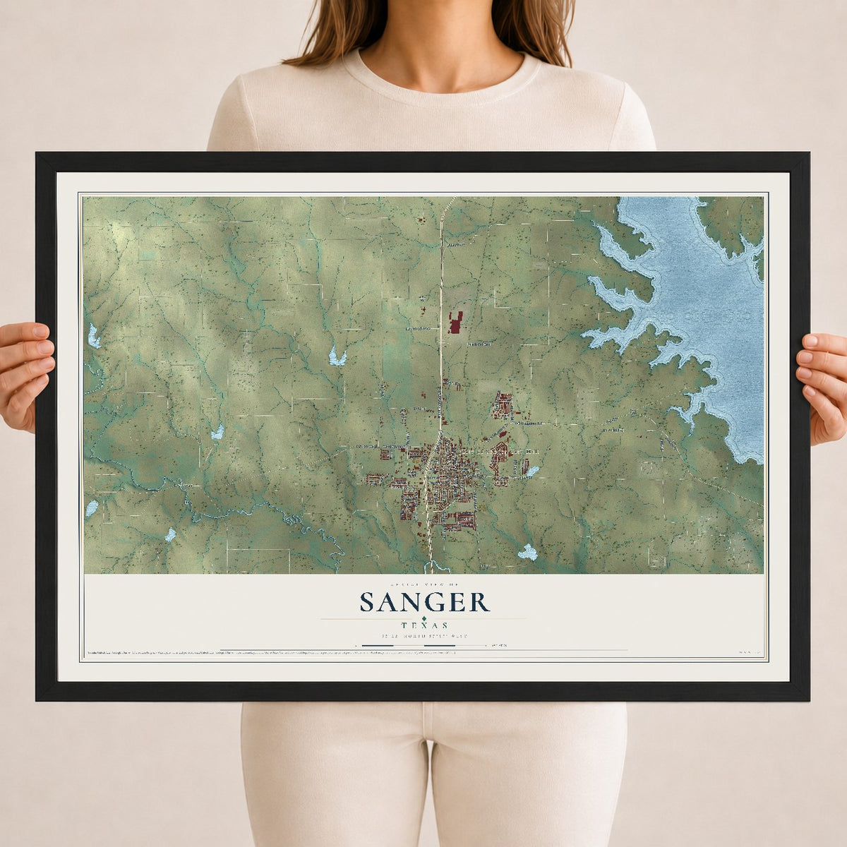 Map of Sanger, Texas, 18 x 24 inch print in a black wood frame