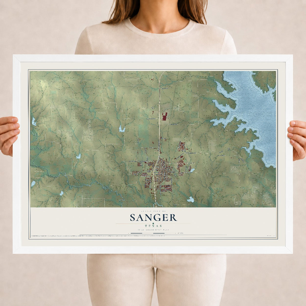 Map of Sanger, Texas, 18 x 24 inch print in a white wood frame