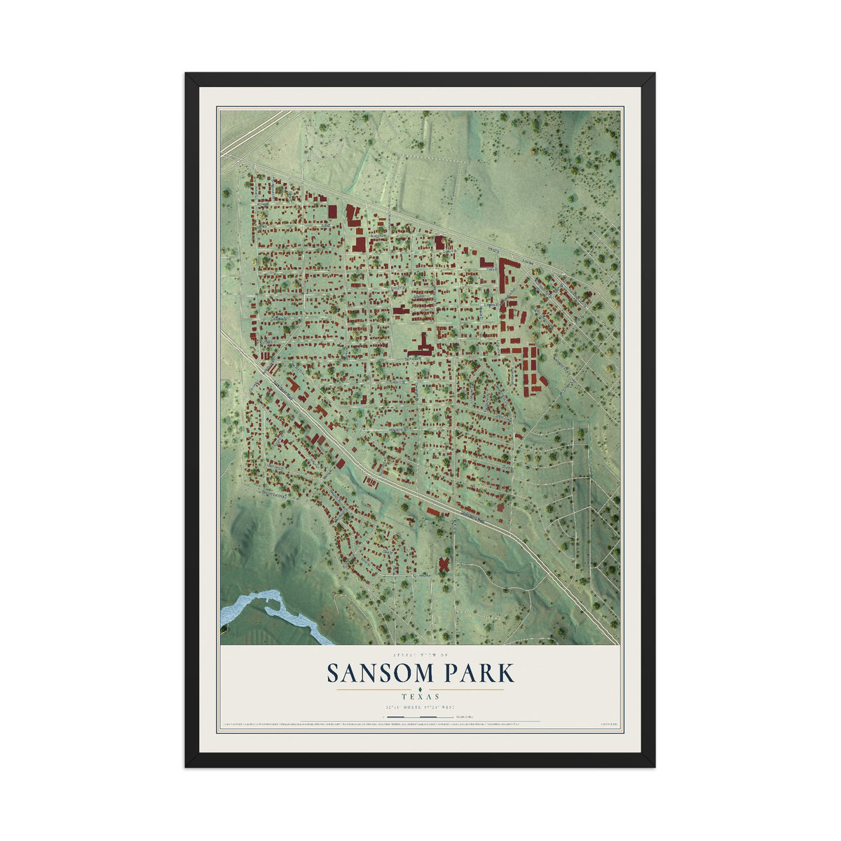 Map of Sansom Park, Texas, 12 x 18 inch print in a black wood frame