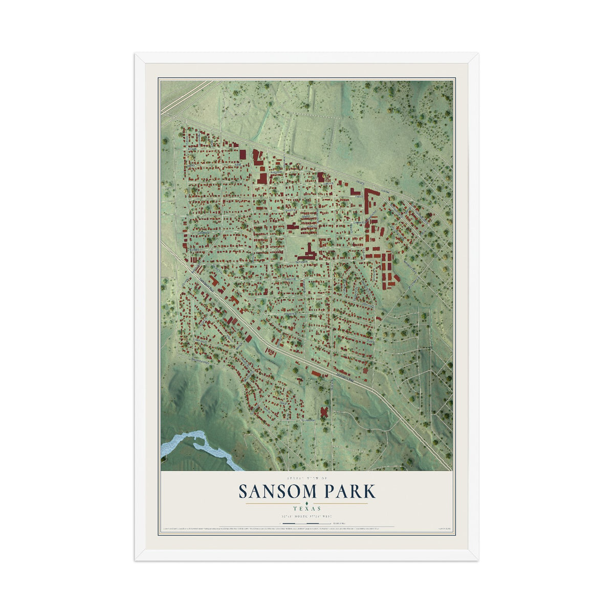 Map of Sansom Park, Texas, 12 x 18 inch print in a white wood frame
