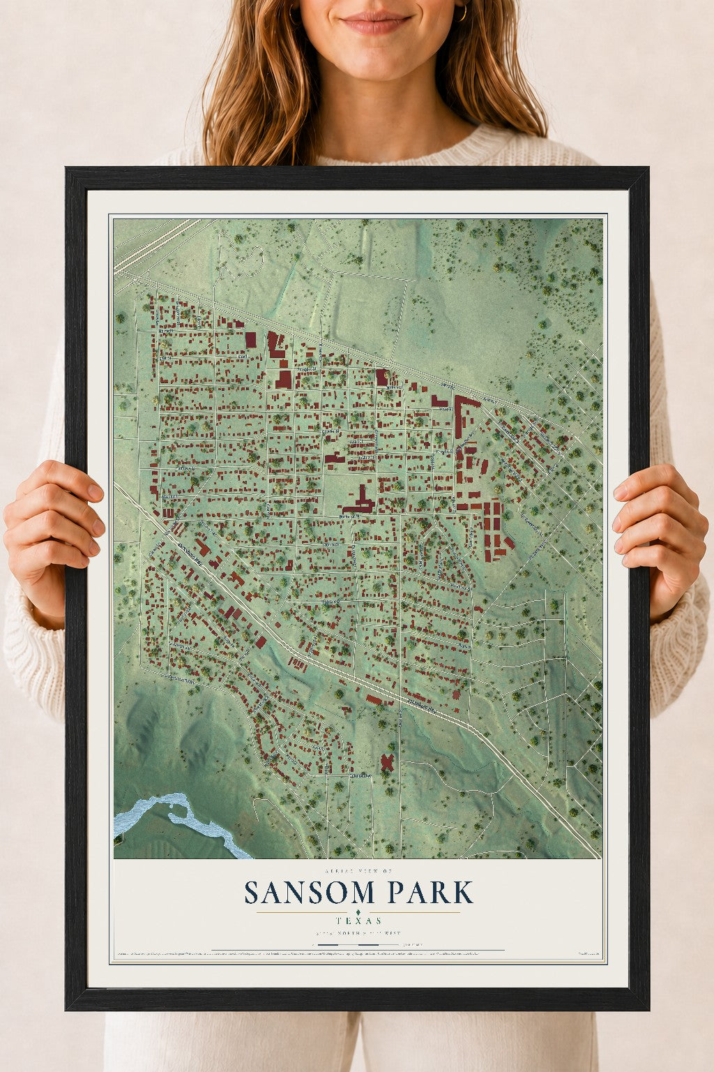 Map of Sansom Park, Texas, 18 x 24 inch print in a black wood frame
