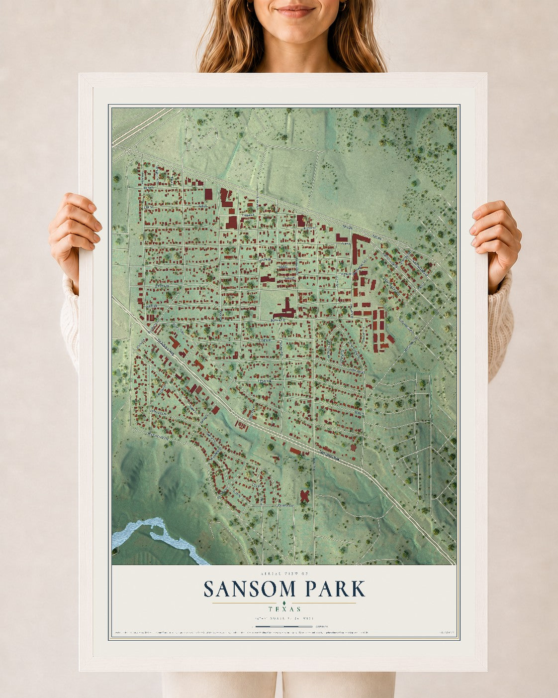 Map of Sansom Park, Texas, 24 x 36 inch print in a white wood frame