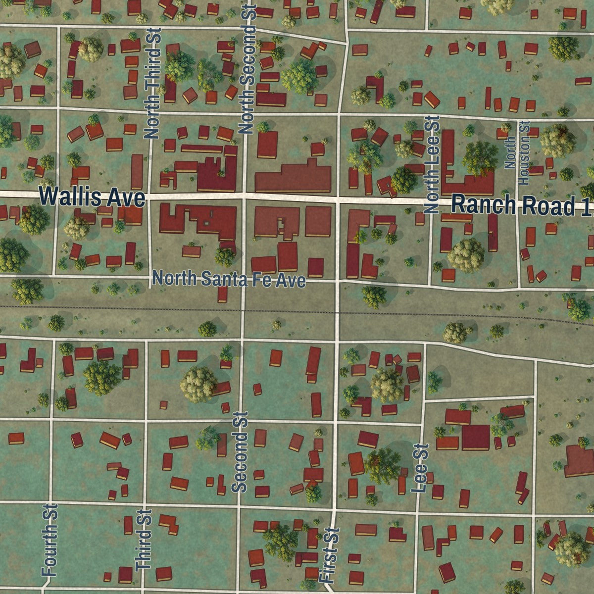 Close-up of the map of Santa Anna, Texas print showing street and building detail