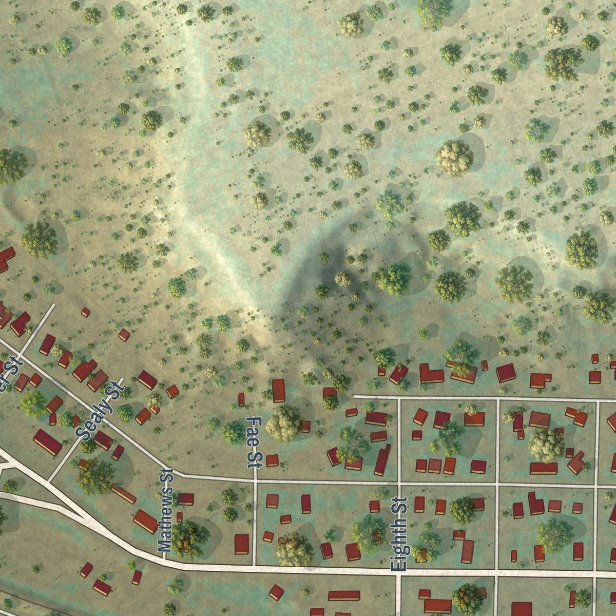 Second close-up of the map of Santa Anna, Texas print showing more streets and buildings
