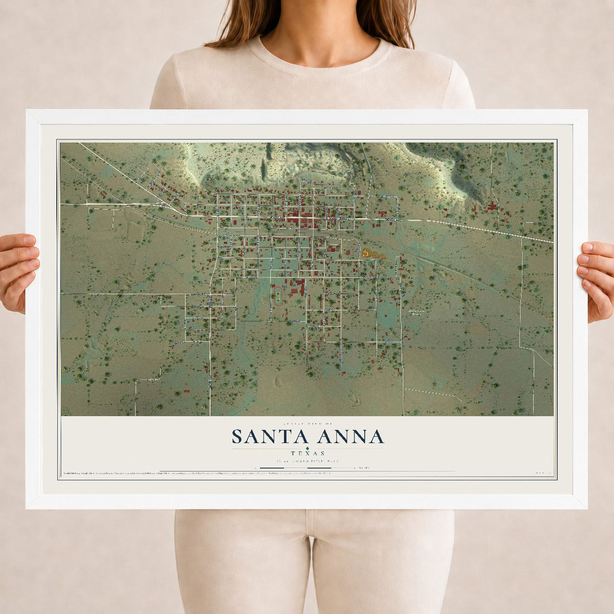 Map of Santa Anna, Texas, 18 x 24 inch print in a white wood frame