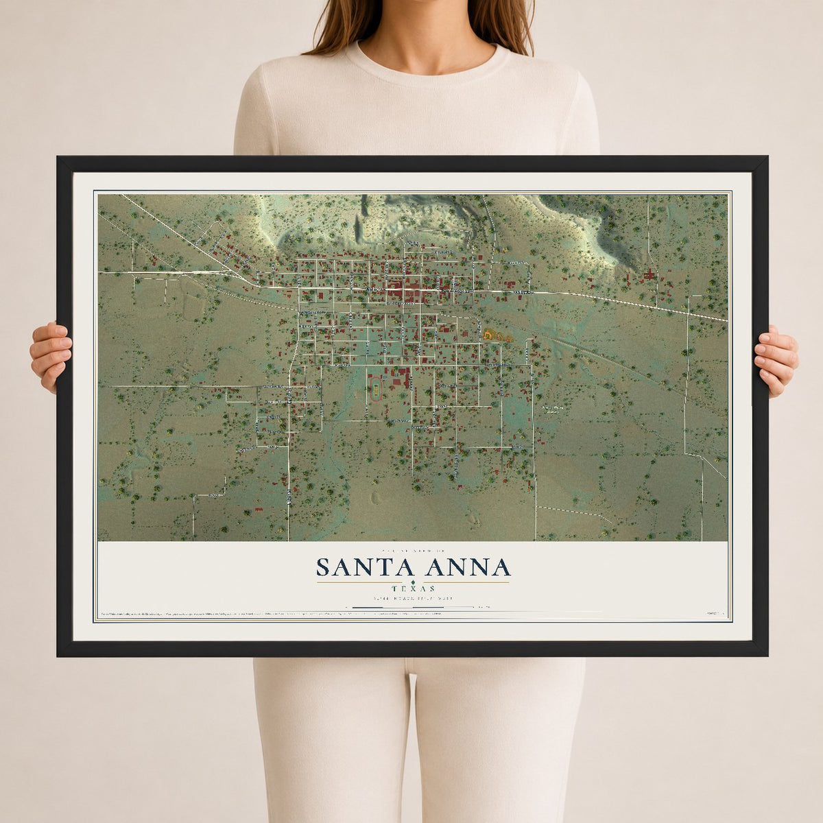Map of Santa Anna, Texas, 24 x 36 inch print in a black wood frame