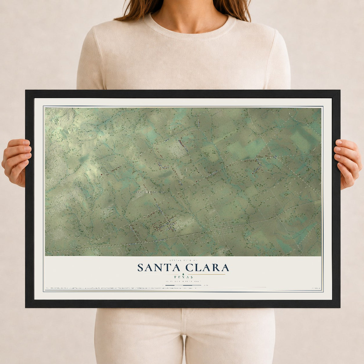 Map of Santa Clara, Texas, 12 x 18 inch print in a black wood frame