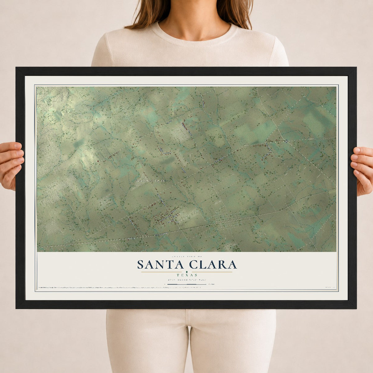 Map of Santa Clara, Texas, 18 x 24 inch print in a black wood frame
