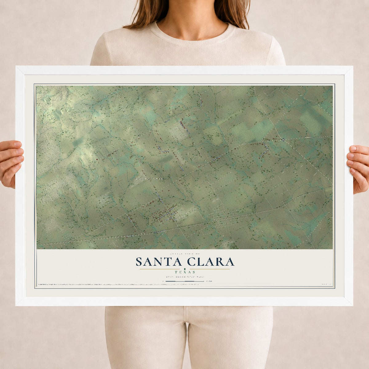 Map of Santa Clara, Texas, 18 x 24 inch print in a white wood frame