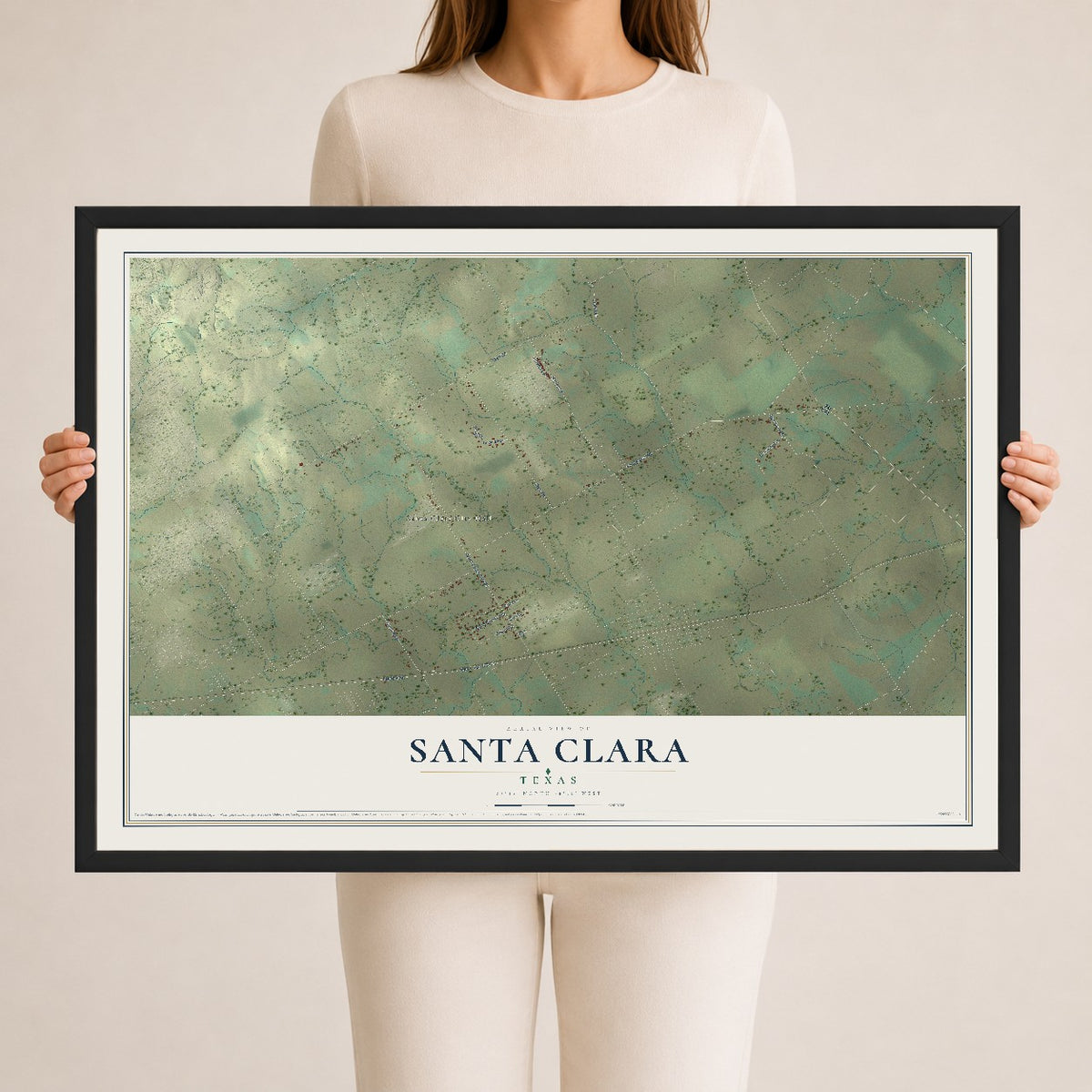 Map of Santa Clara, Texas, 24 x 36 inch print in a black wood frame