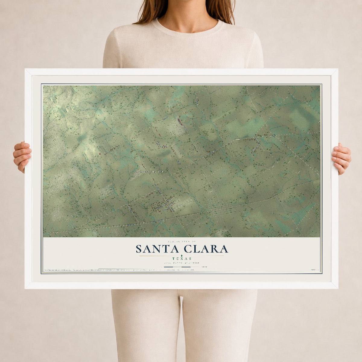 Map of Santa Clara, Texas, 24 x 36 inch print in a white wood frame