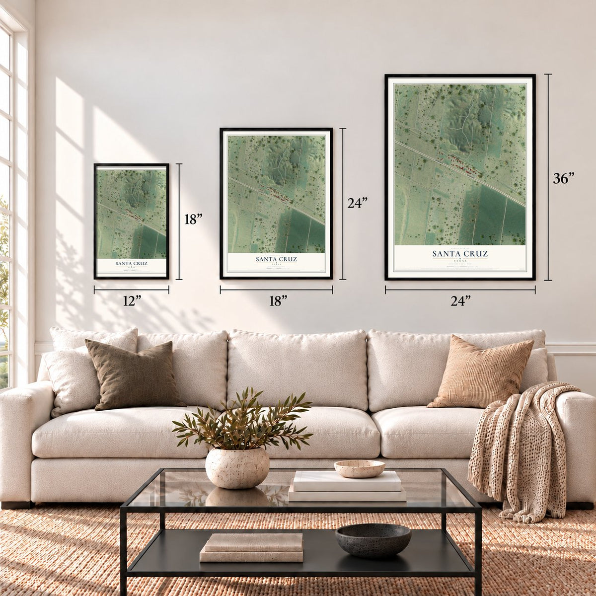 Santa Cruz, Texas map in 12 x 18, 18 x 24 and 24 x 36 inch sizes above a sofa