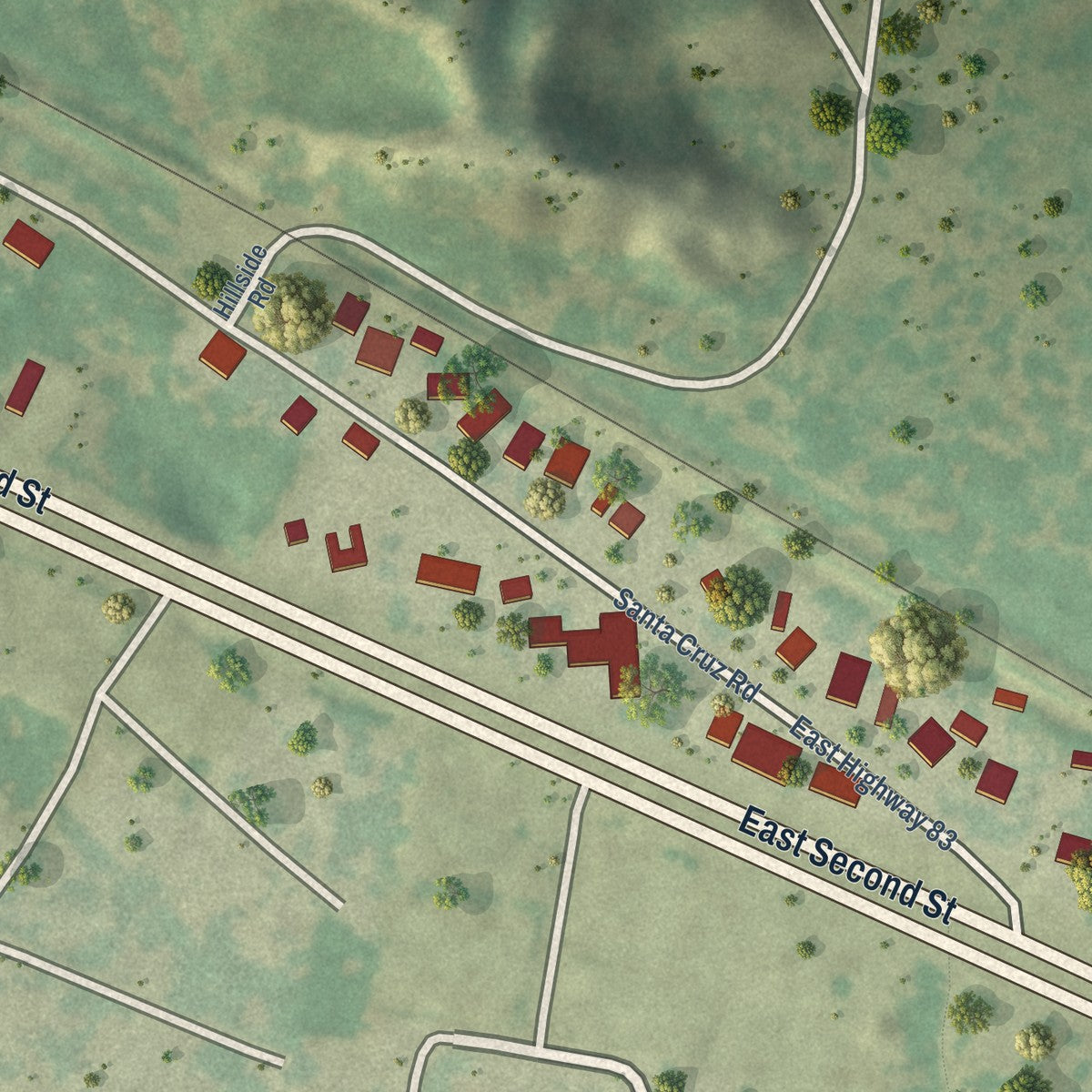 Close-up of the map of Santa Cruz, Texas print showing street and building detail