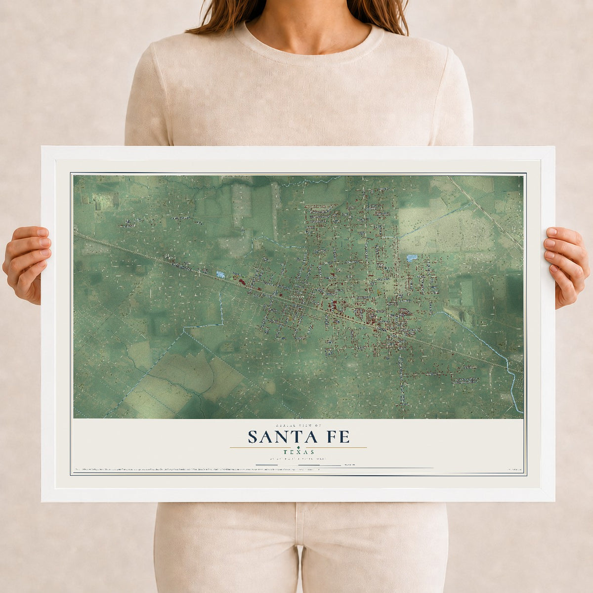 Map of Santa Fe, Texas, 12 x 18 inch print in a white wood frame