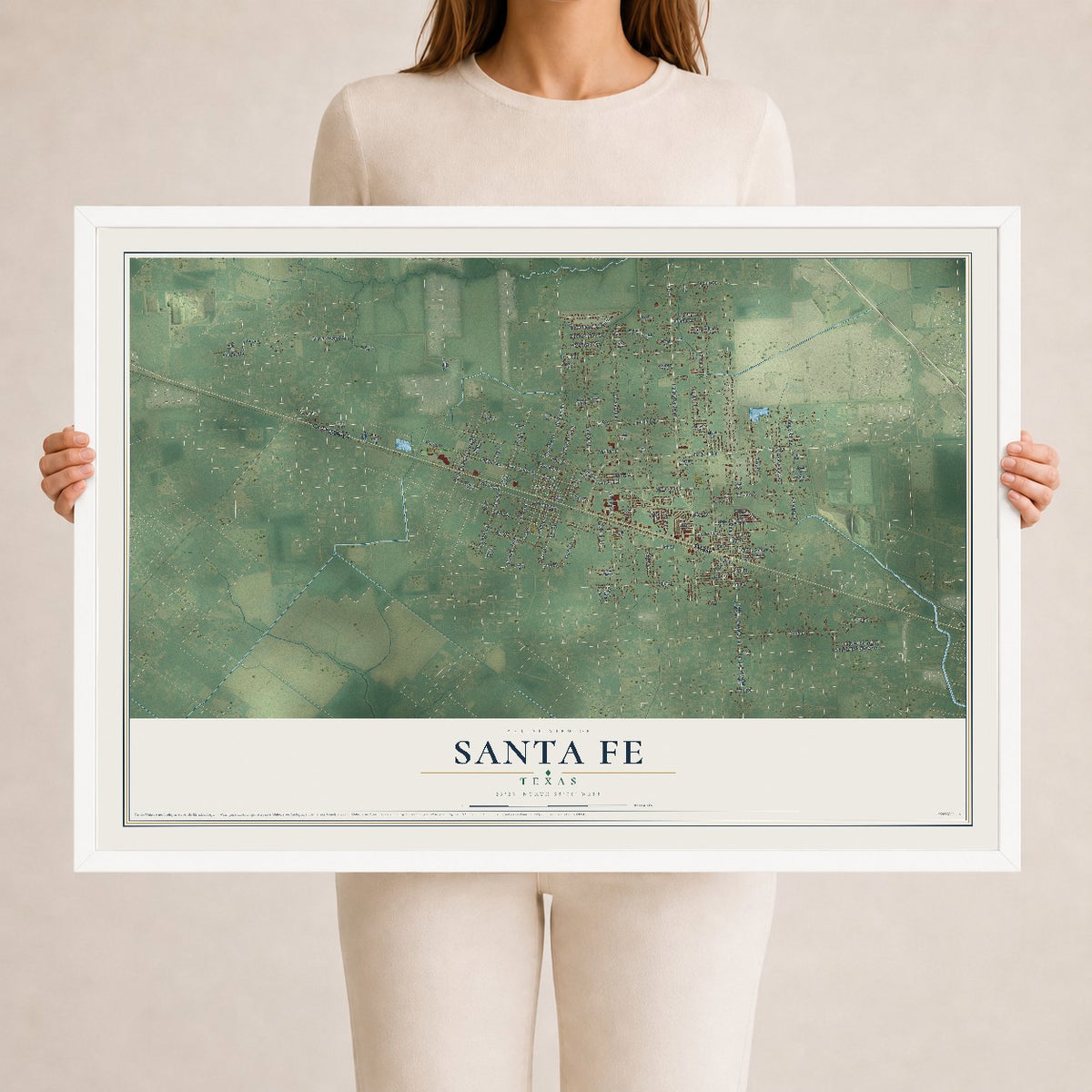 Map of Santa Fe, Texas, 24 x 36 inch print in a white wood frame