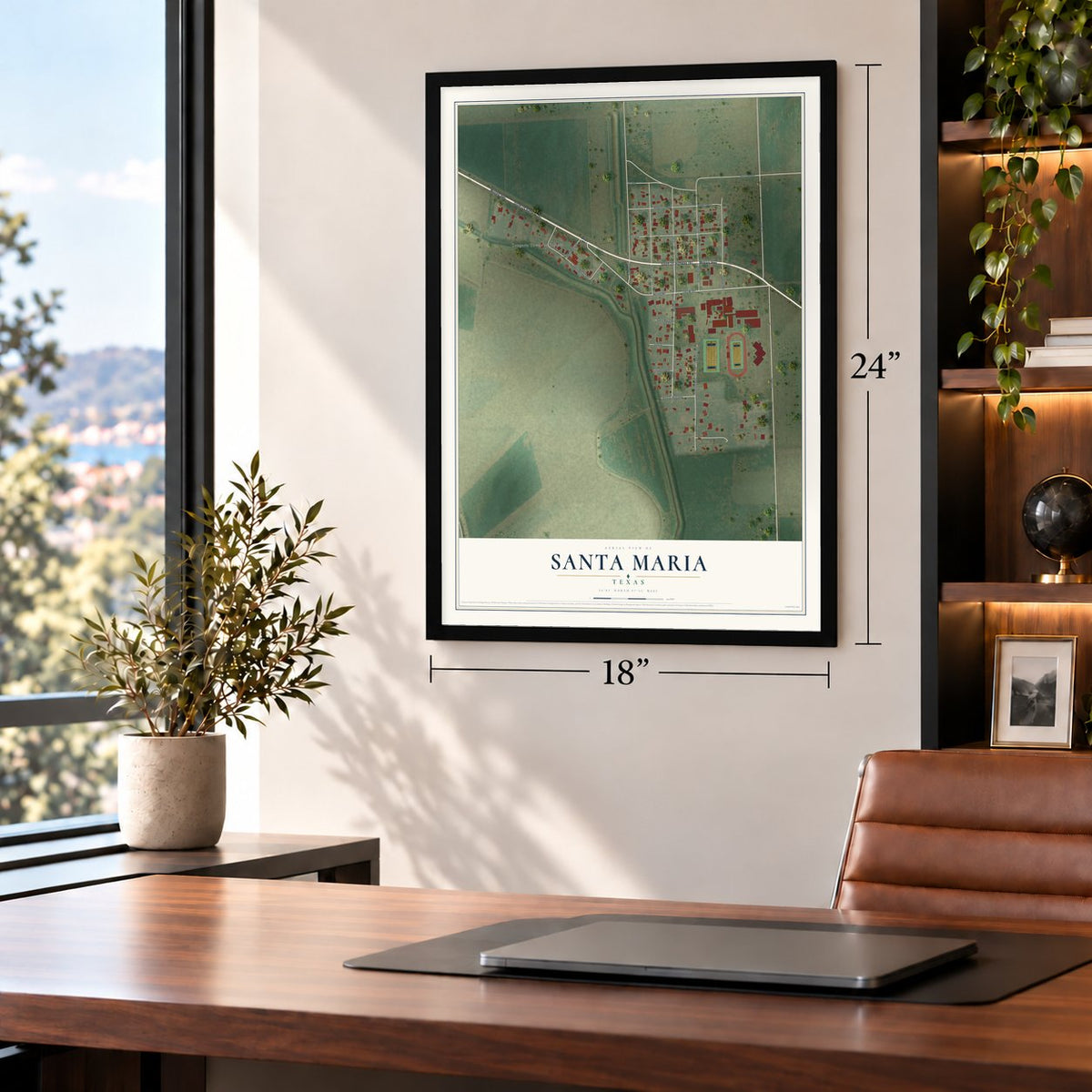 Santa Maria, Texas map, 18 x 24 inch print in a black frame in a home office