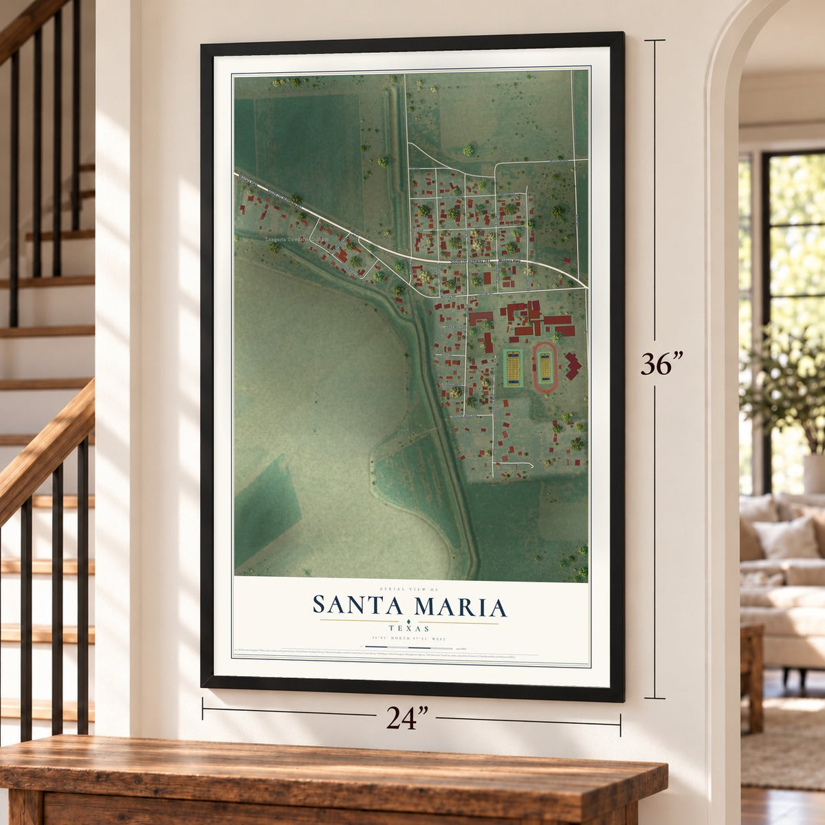 Santa Maria, Texas map, 24 x 36 inch print in a black frame by a staircase