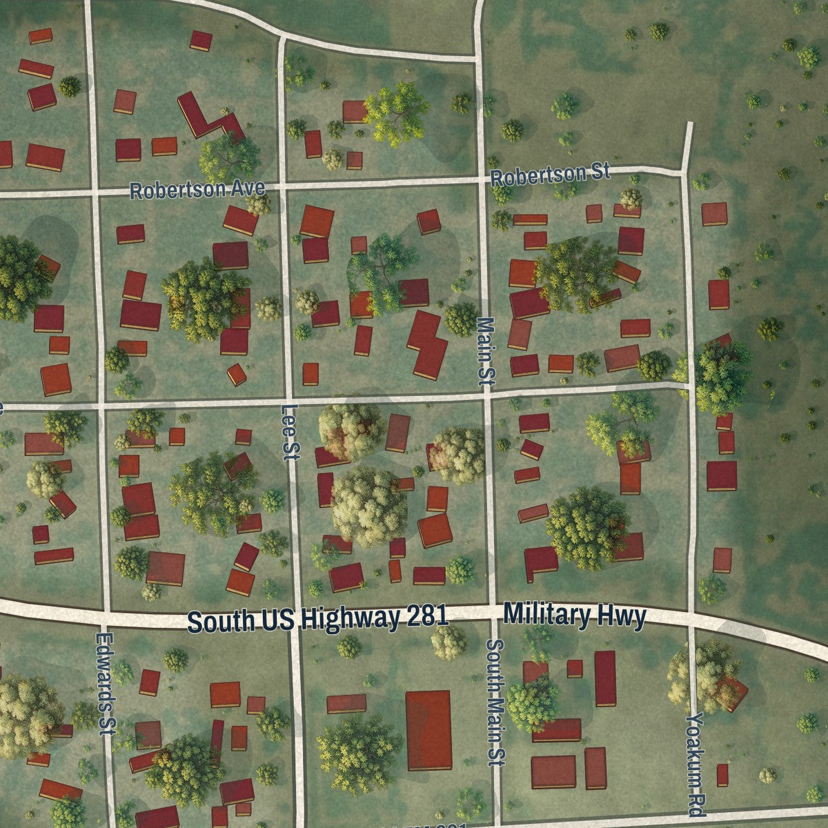 Close-up of the map of Santa Maria, Texas print showing street and building detail