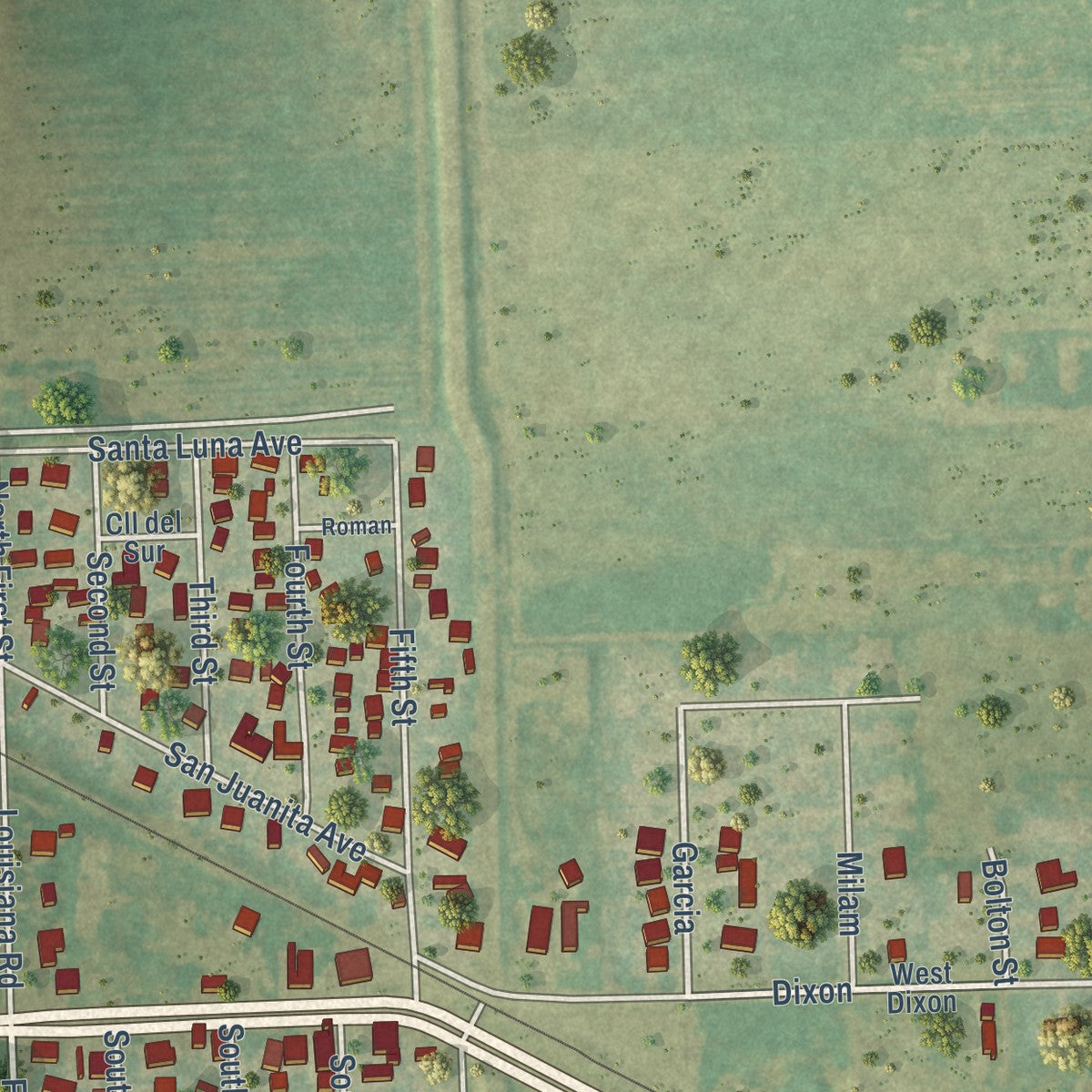 Second close-up of the map of Santa Rosa, Texas print showing more streets and buildings