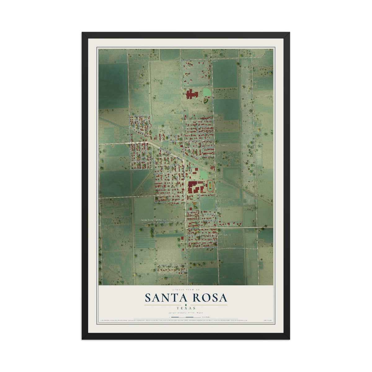 Map of Santa Rosa, Texas, 12 x 18 inch print in a black wood frame