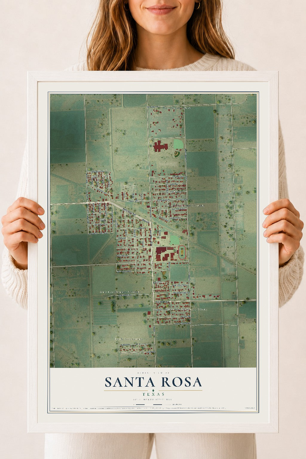 Map of Santa Rosa, Texas, 18 x 24 inch print in a white wood frame