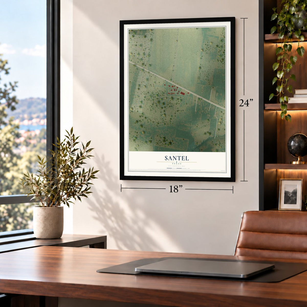 Santel, Texas map, 18 x 24 inch print in a black frame in a home office