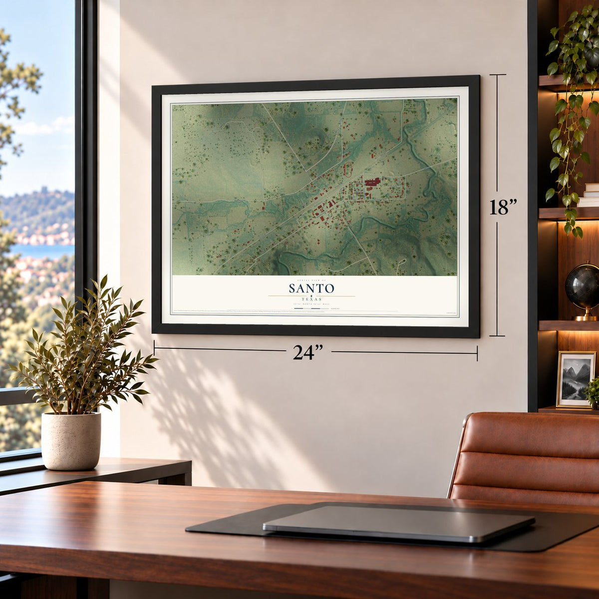 Santo, Texas map, 18 x 24 inch print in a black frame in a home office