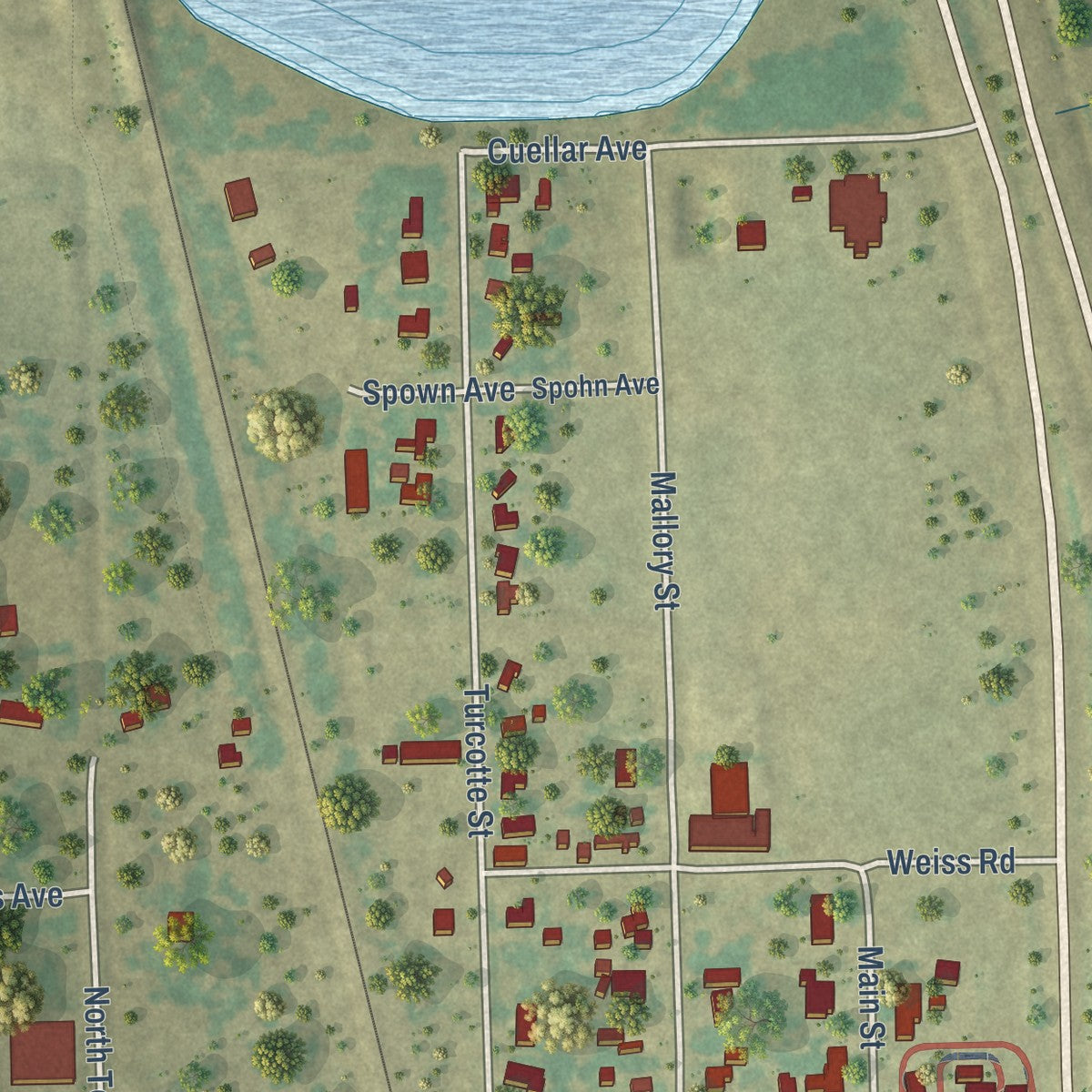 Close-up of the map of Sarita, Texas print showing street and building detail